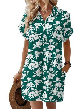 Women's Summer Shirt Dress Short Sleeve Floral Dress with Pocket Green Sf300